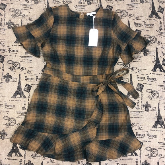 Day To Day Blu Pepper NWT! Darlah Green/Yellow Plaid Wrap Waist Tie Ruffle Dress - Picture 7 of 13